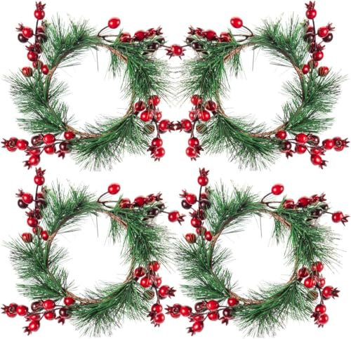 KAHEIGN 4Pcs Christmas Candle Rings, 20CM Artificial Red Berries Wreath Snowy Pine Needles Candle Holder for Pillars Rustic Wedding Centerpiece Front Door Christmas Table Party Decoration