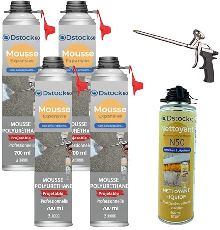 DSTOCK60 – Pack de 4 mousses expansives polyuréthanes projetables 700 ml + 1 pistolet + 1 nettoyant mousse - compatible multi-surfaces - application facile et rapide
