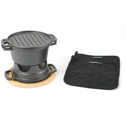 HAWOK Kohle-Grillkocher aus Gusseisen mit 1QT Dutch Oven mit Mehrzweckdeckel, fünfbeinigem Buffet-Tablett, Mehrzweck-Mini-Grillherd-Set