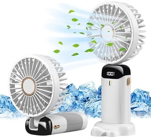 Hand Held Fan,Portable Handheld USB Rechargeable Fans with 5 Speeds,Battery Operated Mini Fan Foldable Desk Desktop Fans with LED Display for Home Office Bedroom Outdoor Travel (White)