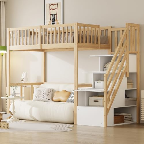 Kinderbett Etagenbett 90x200, Hochbett Hausbett mit Aufbewahrungsleiter, Einzelbett Holzbett Multifunktionsbett Kinderhochbett Bettgestell Spielbett mit Lattenrost&Rausfallschutz, Kiefernholz, Natural