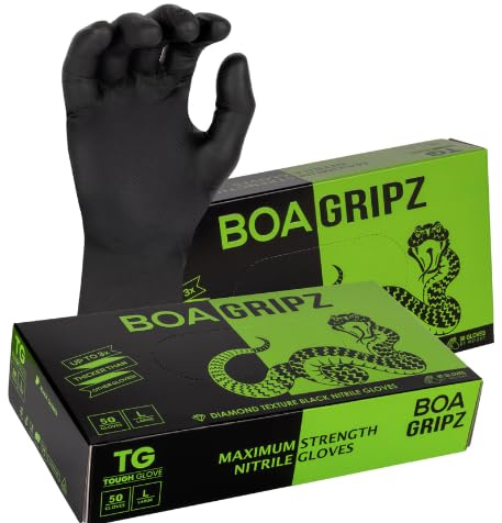 TG TOUGH GLOVE BOA Gripz (L) Nitrile Gloves (Pack Of 50) | Strong Black Disposable Gloves | Diamond Textured | Powder & Latex Free Strong Midweight Mechanic Industrial Glove
