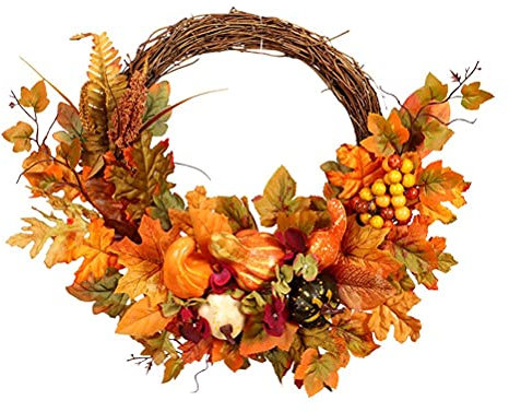 Coronas de otoño para puerta delantera, 45 cm, decoración de corona de otoño, hoja de arce, bayas, calabaza, ratán, cosecha, guirnalda de otoño para chimenea interior de Acción de Gracias