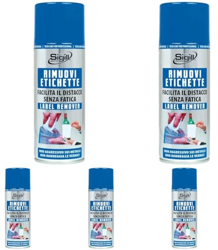 SIGILL, Spray Rimuovi Etichette, Facilita la Rimozione di Etichette di Carta e Residui di Colla di Etichette in Plastica, Alluminio, Made in Italy, Bombola 400 ml (Confezione da 5)