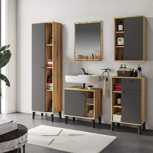 Lomadox Badmöbel-Set 5-teilig mit Waschbeckenunterschrank 60 cm, Hochschrank, in Eiche mit grau, modern