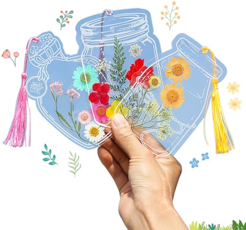 BRDXOOL Transparentes Lesezeichen mit getrockneten Blumen, handgefertigtes DIY-Lesezeichen-Set, niedlicher Seitenmarker mit Blumen-Clip, geeignet für Bücher, Tagebücher, Scrapbook-Geschenke