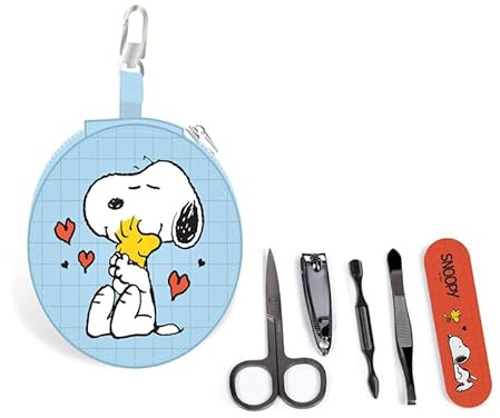 Puckator Peanuts Snoopy & Woodstock 5-teiliges rundes Maniküre-Set – Nagelpflegeset Geschenk-Set für Frauen Männer – Persönliche sichere Pflege – Reise Urlaub Essentials Zubehör Kits – Gesundheit