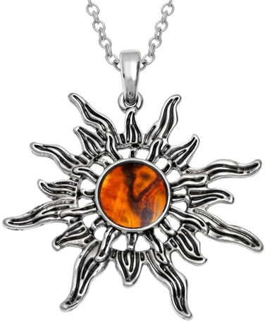 Amber Sun Necklace in Sterling Silver – 40mm Celestial Pendant with Rustic Amber Paua Shell – Statement Necklace with Gift Box – Nature-Inspired Jewelry Gift for Women