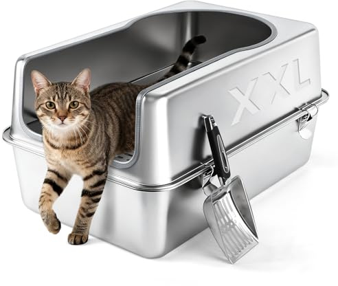 Bartuke kattlåda i rostfritt stål XXL, 60 cm L x 15,7 tum B x 11,8 tum H extra stor, halvstängd, metall kattlåda med hög sida, spade, icke-lim, enkel rengöring
