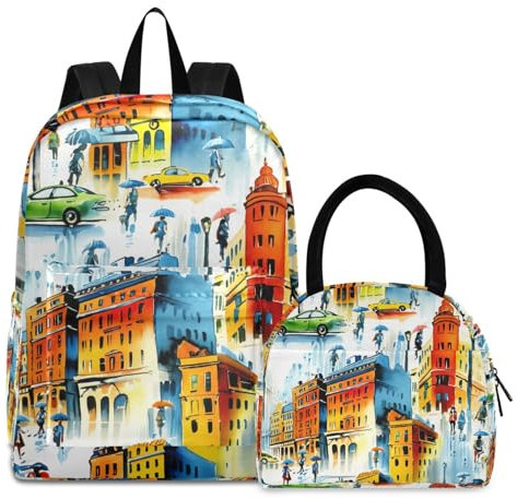 RPLIFE Lonchera con diseño de acuarela de City Street, aislada, impermeable, mochilas escolares para niñas