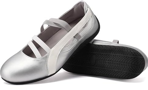 MAVMAX Mary Jane Shoes Ballet Sneakers for Women Casual Sneakers with Elastic Strap Non Slip Women's Ballet Flats with Foam Insole for Comfortable Daily Outgoing Work Size 5 Silver