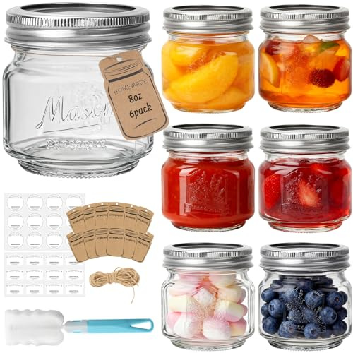 HYCKee 250ml 6 Pack Mason Jars with Silver Metal Lids, Embossed Design Canning Jars, Clear Glass Storage Jars for for Gifts, Jam, Pickling, Crafts, Wedding Favors & Home Decor