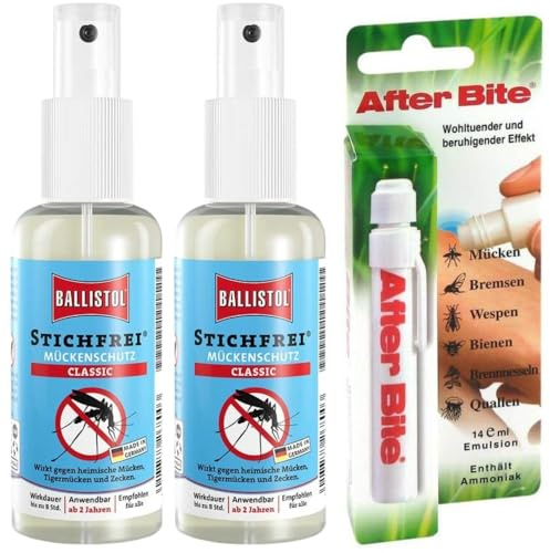 BALLISTOL Set – 2x Stichfrei Mückenschutz Classic 100 ml + After Bite | Schutz vor Mücken und Zecken + schnelle Hilfe bei Insektenstichen