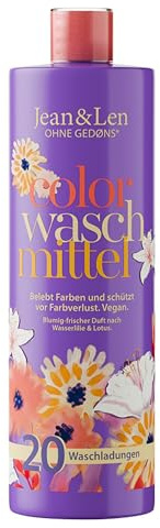 Jean & Len Detergente de color lirio de agua y loto, suave con colorantes y fibras, con tensioactivos a base de plantas, aroma fresco, incluye tapón dosificador, sin microplásticos ni colorantes