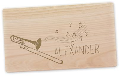 Frühstücksbrett Posaune graviert mit Wunschname – Personalisiertes Schneidebrett aus Ahornholz 26 x 15 cm für Musiker