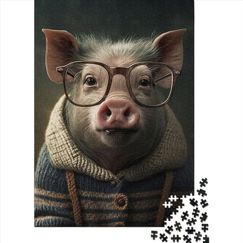 Rompecabezas de 1000 Piezas para Adultos, diseño de Cerdo Hipster con Ropa. Rompecabezas de Madera Educativo y antiestrés. 1000 Piezas (75 x 50 cm).