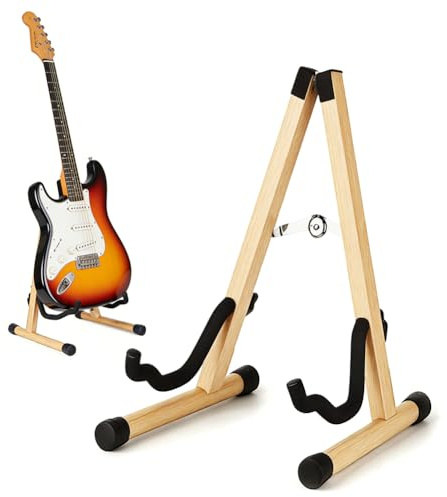 Piashow Gitarrenständer Holz, Gitarren Ständer mit Gepolstertem Schaumstoff für E-Gitarre, Bass, Cello, Banjo, Mandoline, Ukulele, Echtholz, A-Rahmen Boden-Gitarrenständer (B)