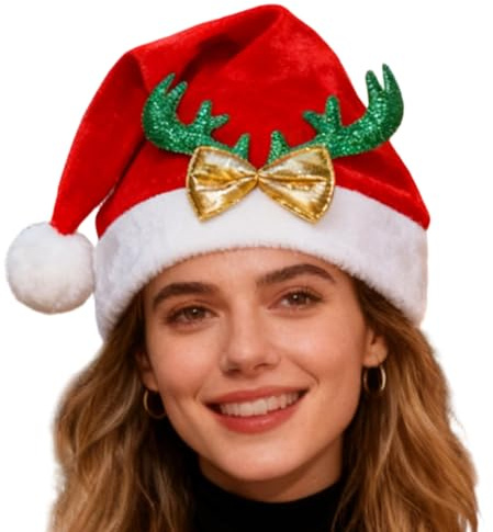 Genérico Weihnachtsmütze - weicher Partyhut mit Rentiergeweih, Weihnachtsmütze für Erwachsene, Unisex - Unisex für Damen Herren Mädchen Geburtstag Weihnachten Neujahr