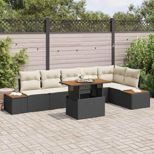 HGKMBRY Garten Essgruppe mit Kissen 7-teilig Schwarz und Beige Poly Rattan Sofa Set Eckgarnitur mit Tisch für Terrasse