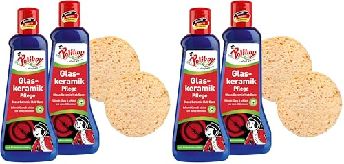 POLIBOY Glaskeramik Pflege - Keramikpflege mit Einbrennschutz - Kochfeldreiniger für Glaskeramik - 2x 200 ml - Mit Schwamm - Made in Germany (Packung mit 2)