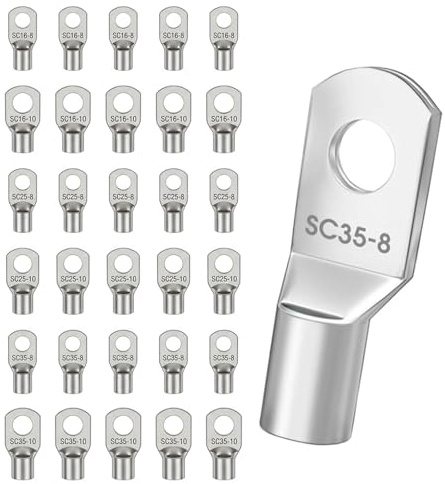 Set di 30 capicorda tubolari in rame stagnato SC 16 25 35 mm² M8 M10, capicorda ad anello non isolati, per cavi della batteria, auto, moto, scatola di distribuzione solare