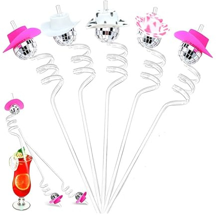 Mirror Disco Ball Straws 10pc Creative Cowboy Hat Disco Mirror Balls Straws Birthday Wedding Bachelorette Party Retro Decoration for 70s Themed Parties, Birthday, Wedding(C)