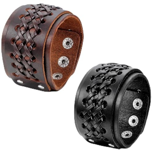 JewelryWe Schmuck Herren Lederarmband, Breit Leder Echtleder Armband Armreif Manschette Armband verstellbaren 6.5-8.5 Zoll Punk Biker Rock, schwarz/braun