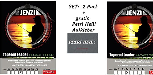 Set: 2 Pack Tapered Leader- Fliegenvorfach von Jenzi alle Größen + gratis Petri Heil! Aufkleber
