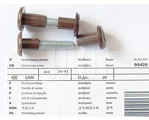 HKB ® 20 Stück Verbindungsschraube Metallgewinde M6, ø = 8mm, Kunststoff braun, 34-41 mm, Hersteller Hettich, Artikelnr. 426