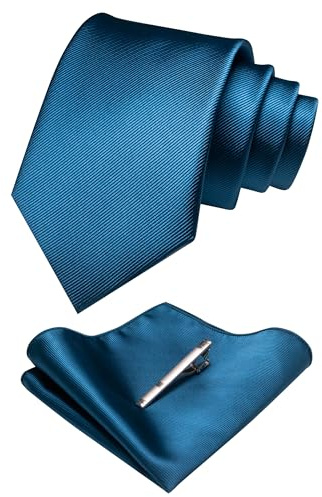 RBOCOTT Peacock Blue Silk Tie and Pocket Square, Necktie Tie Clip Set for Men (12)