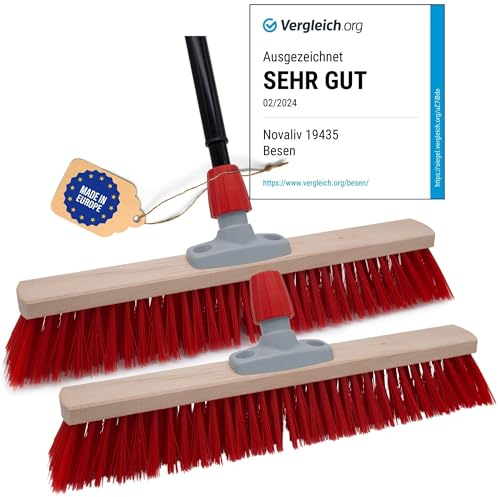 Novaliv 2 x escobas de calle con mango de 60 cm, mango telescópico extensible, color rojo elaston I industrial, escoba de jardín, escoba de taller, escoba exterior