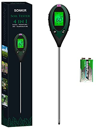 Sonkir pH-mètre de Sol, testeur d'humidité/lumière/pH/température du Sol 4-en-1 Kits d'outils de Jardinage pour Jardin, Batterie Incluse (Vert)