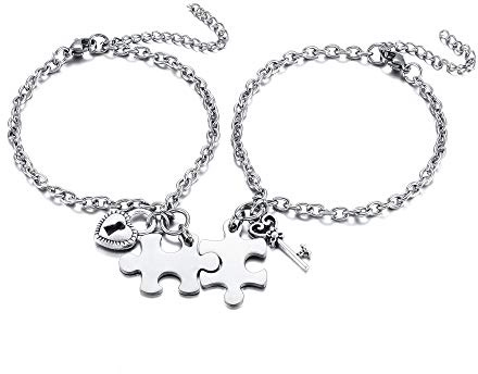 Zysta Bracciali Puzzle Abbinate con Ciondolo Chiavi Serratura per Coppia BFF Bracciali Amicizia Personalizzate Nomi Iniziali Incisione Braccialetti a Catena Regolabile in Acciaio per Mamma e Figlia