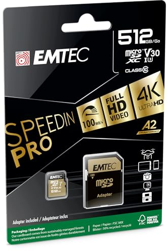 Emtec - UHS-I U3 V30 A1-512 GB, 256 GB - ECMSDM256GXC10SP - Speedin Serie - mit Adapter - Lese- und Schreibgeschwindigkeit bis zu 100 MB/s, 100 MB/s, Schwarz/Gold