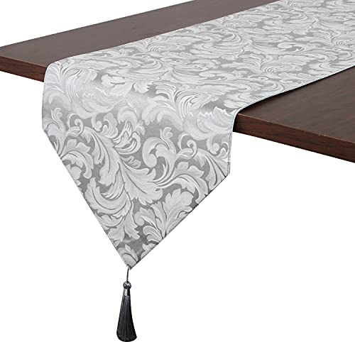 EHouseHome Camino de Mesa Reversible de Damasco Jacquard Gris Plateado con borlas, 13 x 72 Pulgadas, Resistente a Las Arrugas y al Agua, a Prueba de derrames, Decorativo, para Comedor y Boda