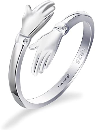Qings Bague Câlin Réglable Gravée I am Enough Plaqué Or Blanc - Couple étreignant Anneaux d'étreinte pour Garçon Fille Anneaux D'enveloppement de Bande D'amitié Câlin Autour des Anneaux Bijou