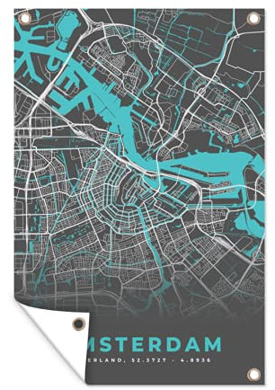 MuchoWow Outdoor-Poster Poster Wanddeko draußen Deko Garten Gartenposter 40x60 cm Stadtplan - Amsterdam - Grau - Blau