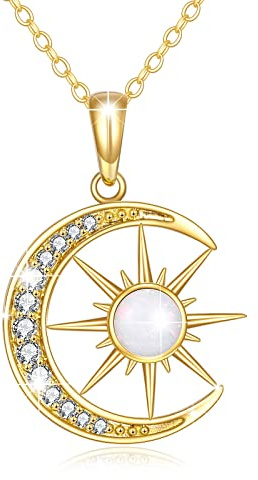 KECHO Mond-Kette Als Geschenk, 14 Karat 585 Gold, Mond-Halskette Für Frauen, Echtes Gelbgold, Halbmond Und Stern, Opal-Anhänger, Halskette, Schmuck, Weihnachtsgeschenke Für Ehefrau, Tochter, Freundin