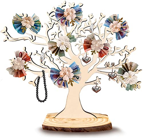 Lebensbaum Deko Holz, Sanlianzi Geldbaum Geschenk Hochzeit DIY Geldgeschenk Verpackung Hochzeitsgeschenk für Freunde, Familie, Liebhabe