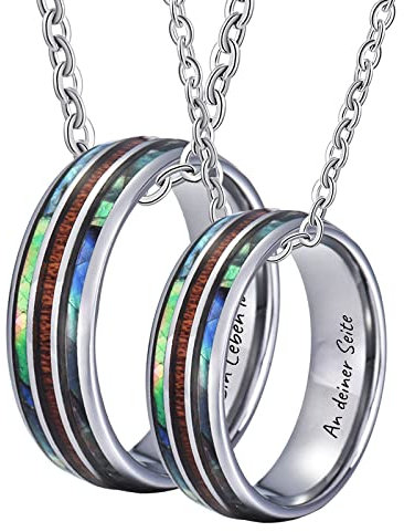 Bishilin Paar Halskette mit Gravur EIN Leben lang an deiner Seite, Pärchen Kette Edelstahl 8MM mit Holz und Muschel Ring Anhänger Charms Partnerketten für Sie und Ihn