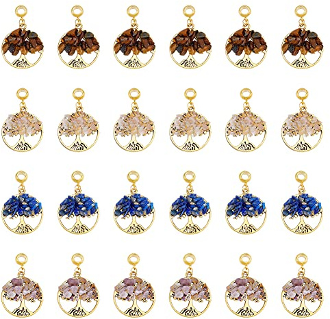 DICOSMETIC 32 Pz 4 Colori Ciondoli Albero della Vita con Pietre di Cristallo di Quarzo Dorato Piatto Rotondo per Creazione di Gioielli, Foro: 4.5mm