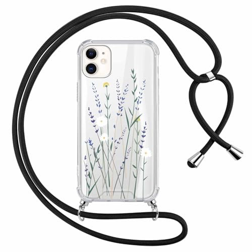 Yoedge Handyband Handyhülle für Apple iPhone 12 Mini 5,4 Hülle mit Band, Weiche Silikon TPU + PC Stoßfest Schutzhülle mit Kordel zum Umhängen, Durchsichtig Case mit Aesthetic Muster, Blumen 1