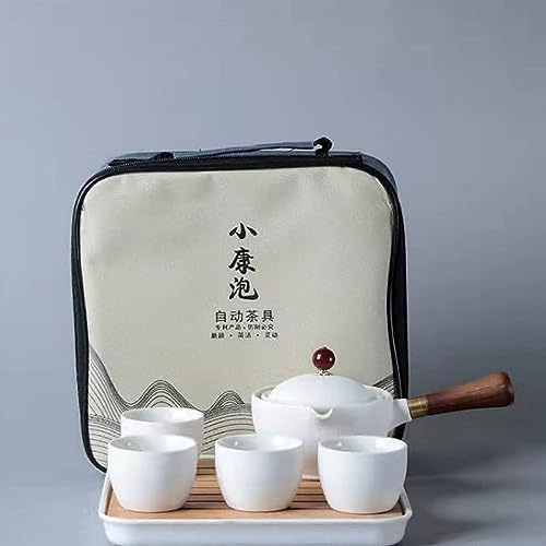 Scizorito Juego de té de viaje portátil de cerámica, juego de té kungfu chino con tetera e infusor de rotación 360, tazas de té 4, bandeja de té y bolsa de viaje (blanco)