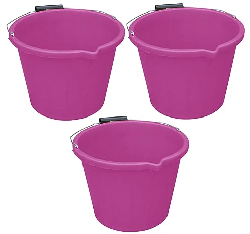 (Set of 3) 14L Litre Strong Plastic Builders Bucket 3 Gallon Multipurpose Storage Construction Bucket With Metal Handle & Spout For Cleaning Animal Feed Mixing Home & Garden Made in UK (Pink)