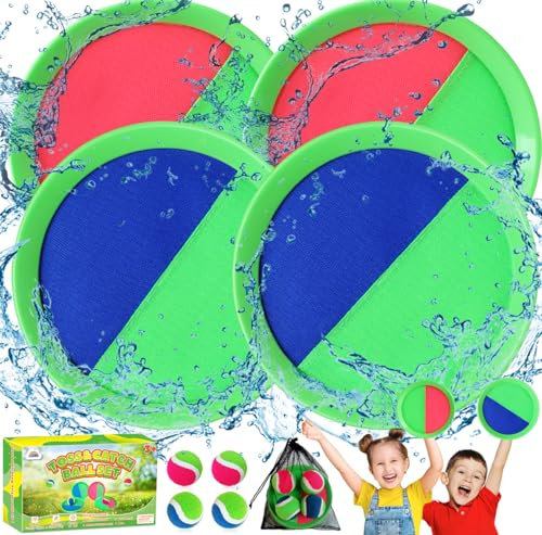 ZMLM Toss Catch Ball Outdoor Games Toys, Garden Games, Playground Equipment for Beach, Backyard, Lawn Activities - Kids Ages 3-12 Birthday Gifts with 4 Sticky Paddles & 4 Throw Balls (Red)