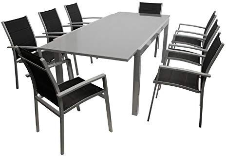 DEGAMO Gartengarnitur Marina 9-teilig, 8X Stapelsessel aus Aluminium Silbergrau und gepolstertem Textilgewebe in schwarz sowie 1x Ausziehtisch Aluminium + Glas 200/300x110cm, Silbergrau