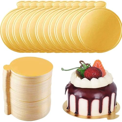 trabag 100 Stück Cakeboard Rund, 9cm Cake Board, Mousse Tortenunterlage, Gold Kuchenplatten, Einweg Tortenplatte Pappe, Dessert Display, Cake Board für Hochzeit Geburtstag Gebäck Dekoration(Rund)