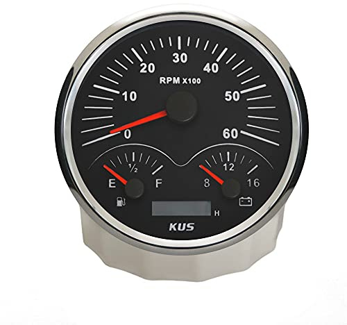 KUS Tacómetro 3 en 1 calibre 110 mm 6000 RPM con indicador de nivel de combustible voltímetro retroiluminado de 12 V para furgonetas tractores