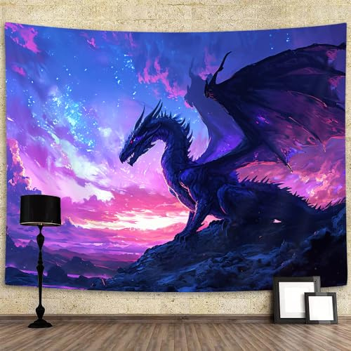 YDIDIAN Violetter Drachen-Wandkunst, mittelalterlicher Fantasie-Tier-Wandteppich, traumhafte Sternenhimmel, Kunstästhetik für Zuhause, Studentenwohnheim, Wohnzimmer, Paneele 152,4 x 101,6 cm
