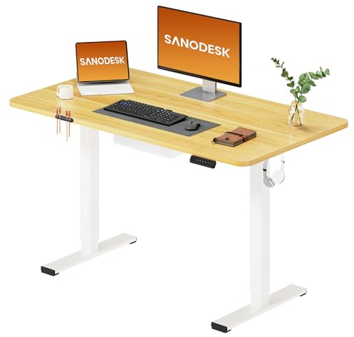 SANODESK Escritorio Elevable Eléctrico con Tablero Entero de Una Pieza 120x60 cm, Regulable en Altura con Memoria, Estable, Silencioso y Anticolisión, Ideal Teletrabajo y Oficina en Casa (Arce Blanco)
